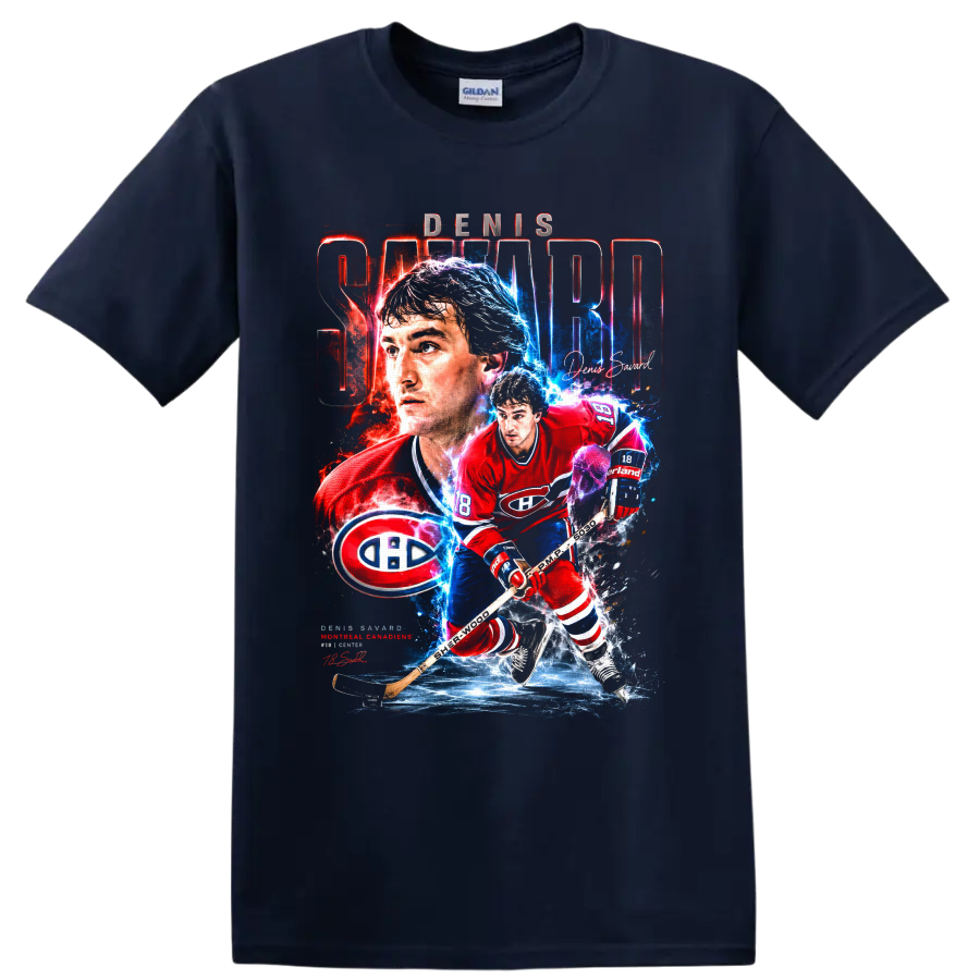 Denis Savard Montreal Canadiens hockey collage graphic with bold name lettering on a Navy (Blue) T Shirt