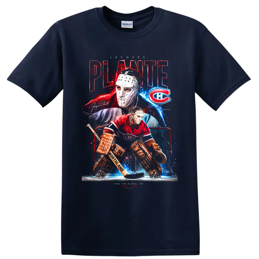 Jacques Plante Montreal Canadiens masked goalie in retro red and blue hockey collage on a Navy (Blue) T Shirt