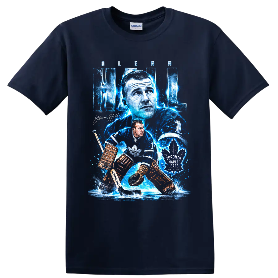 Glenn Hall Toronto Maple Leafs goalie graphic with icy blue vintage hockey artwork on a Navy (Blue) T Shirt