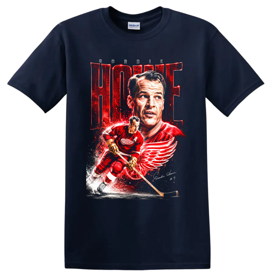 Gordie Howe Detroit Red Wings portrait and skating number 9 hockey graphic on a Navy (Blue) T Shirt