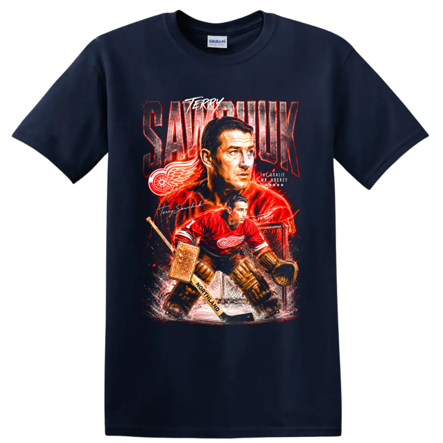 Terry Sawchuk Detroit Red Wings goalie portrait and vintage action graphic on a Navy (Blue) T Shirt