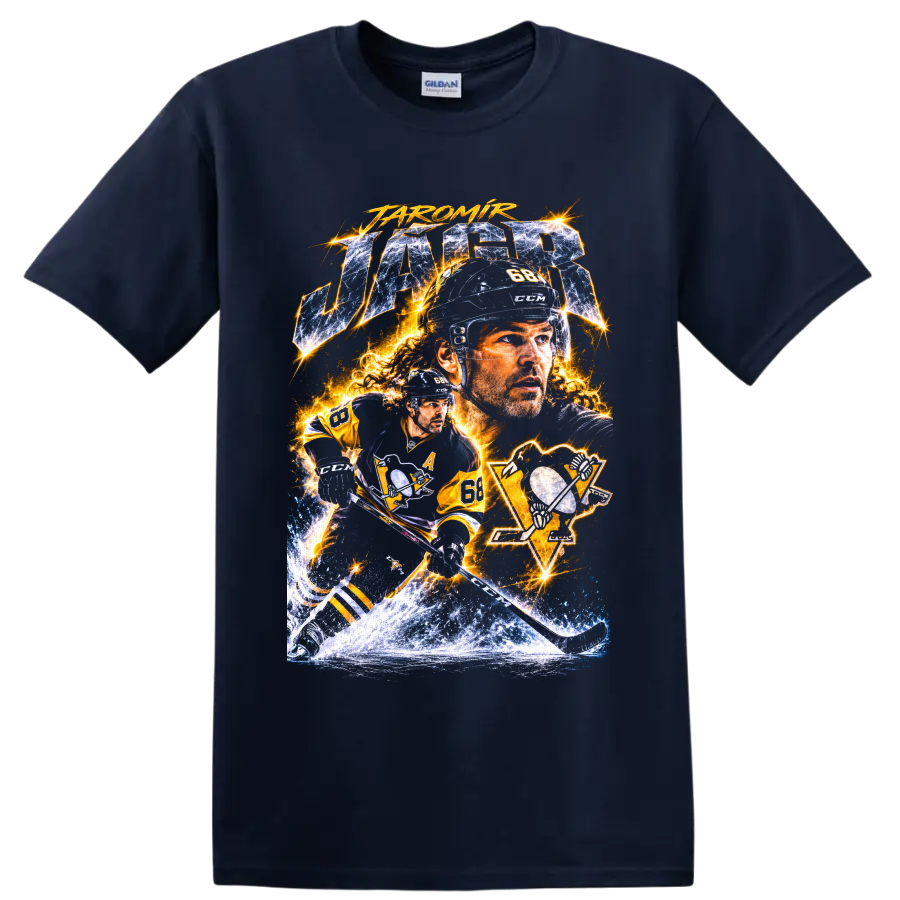 Jaromir Jagr number 68 Pittsburgh hockey electric collage graphic with icy action art on a Navy (Blue) T Shirt