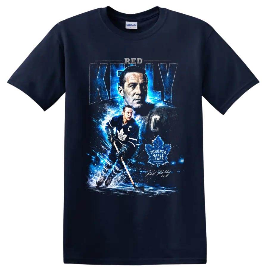 Red Kelly Toronto Maple Leafs captain hockey collage with electric blue ice effects on a Navy (Blue) T Shirt