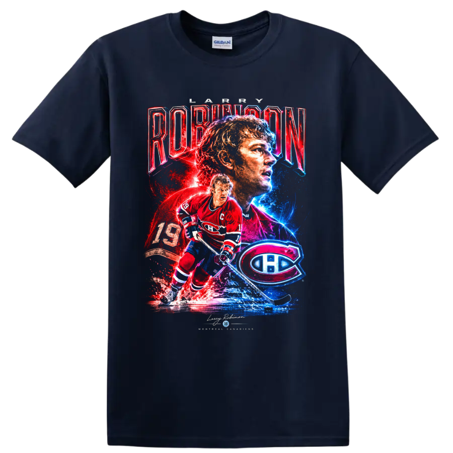 Larry Robinson Montreal Canadiens number 19 neon collage hockey graphic on a Navy (Blue) T Shirt