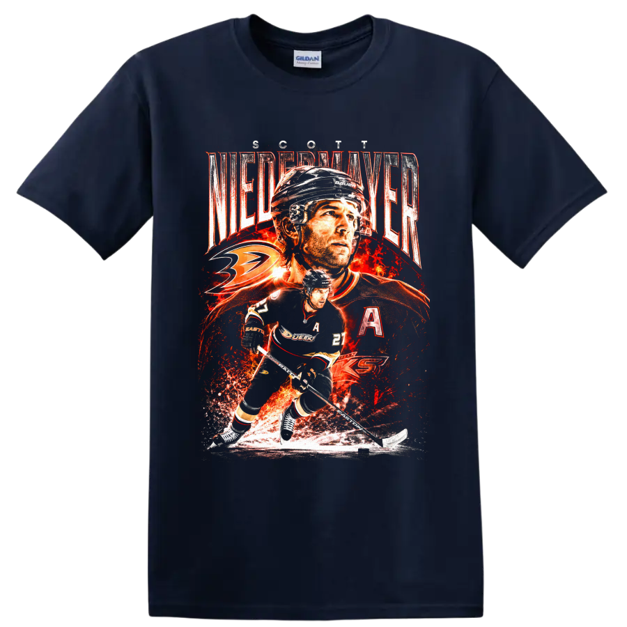 Scott Niedermayer Ducks No. 27 hockey collage with fiery distressed graphics on a Navy (Blue) T Shirt
