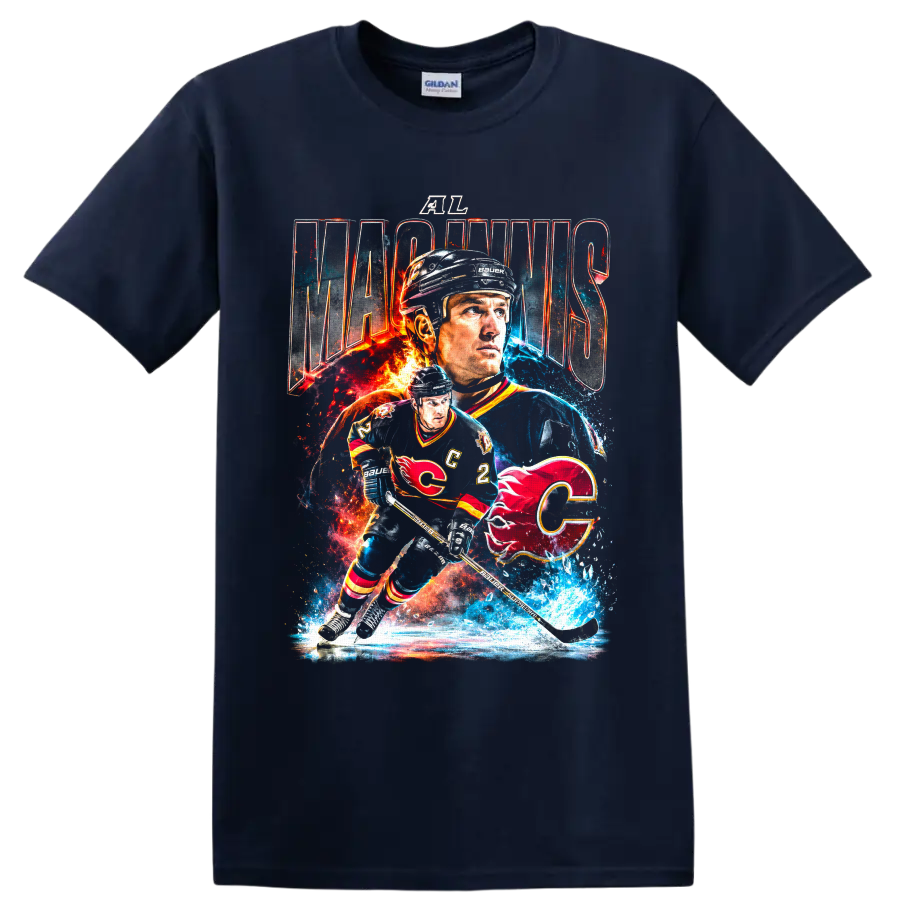 Al MacInnis Calgary Flames hockey collage graphic with fiery ice effects on a Navy (Blue) T Shirt