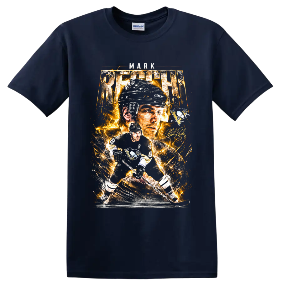 Mark Recchi Pittsburgh Penguins No. 8 electric hockey portrait and action graphic on a Navy (Blue) T Shirt