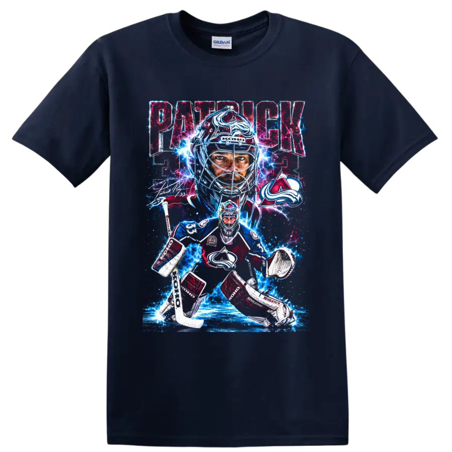 Patrick Roy Colorado Avalanche goalie graphic with number 33, signature, and electric ice on a Navy (Blue) T Shirt