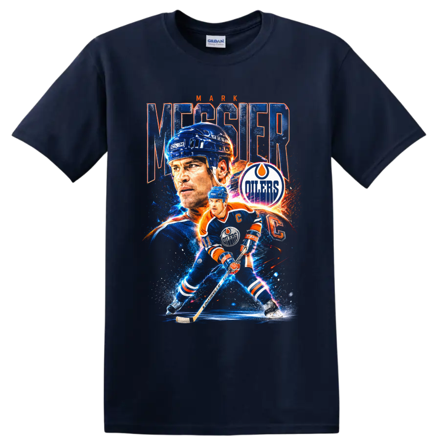 Mark Messier Edmonton Oilers hockey portrait and action graphic with distressed lettering on a Navy (Blue) T Shirt