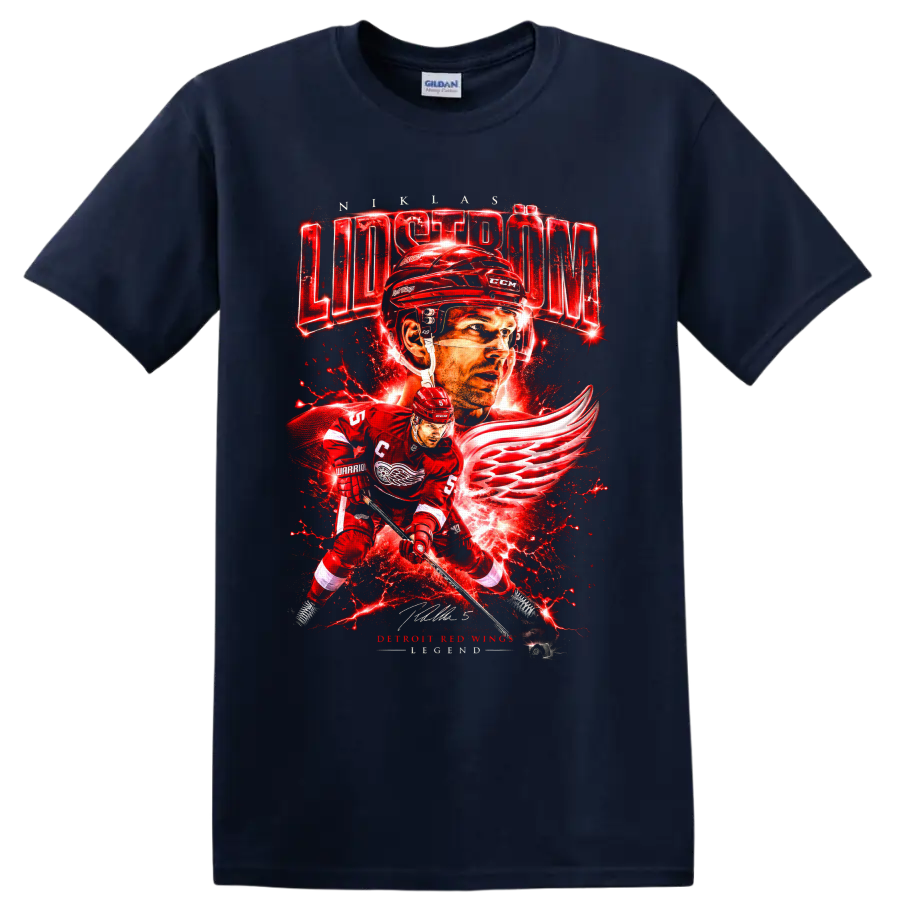Nicklas Lidström Detroit Red Wings hockey action graphic with winged-wheel artwork on a Navy (Blue) T Shirt