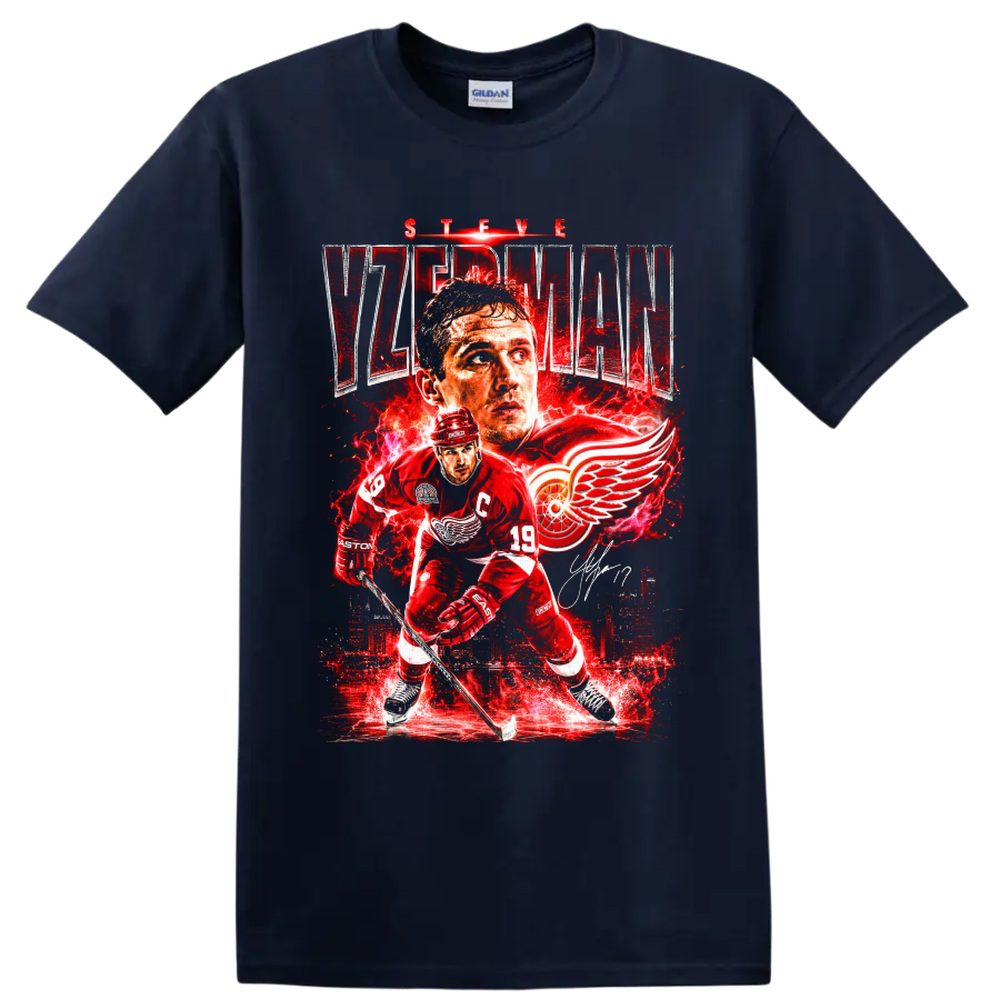 Steve Yzerman Detroit Red Wings hockey collage with captain portrait and winged wheel on a Navy (Blue) T Shirt