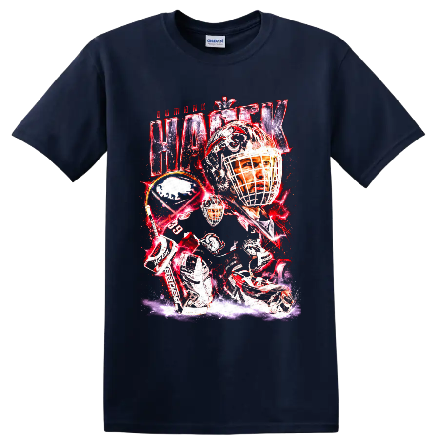 Dominik Hasek Buffalo Sabres goaltender collage with bold red lightning on a Navy (Blue) T Shirt
