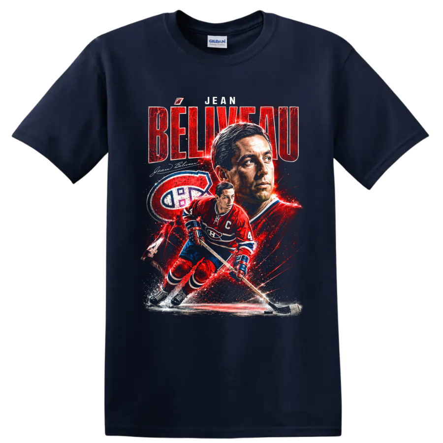 Jean Béliveau Montreal Canadiens hockey portrait and number 4 action graphic print on a Navy (Blue) T Shirt