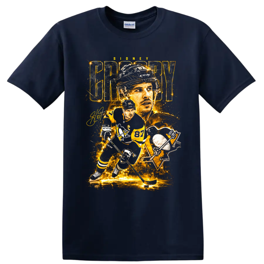 Sidney Crosby Penguins number 87 hockey portrait and action graphic print on a Navy (Blue) T Shirt