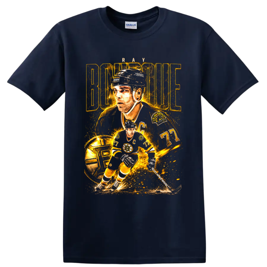 Ray Bourque Boston Bruins captain 77 hockey collage in glowing vintage gold on a Navy (Blue) T Shirt
