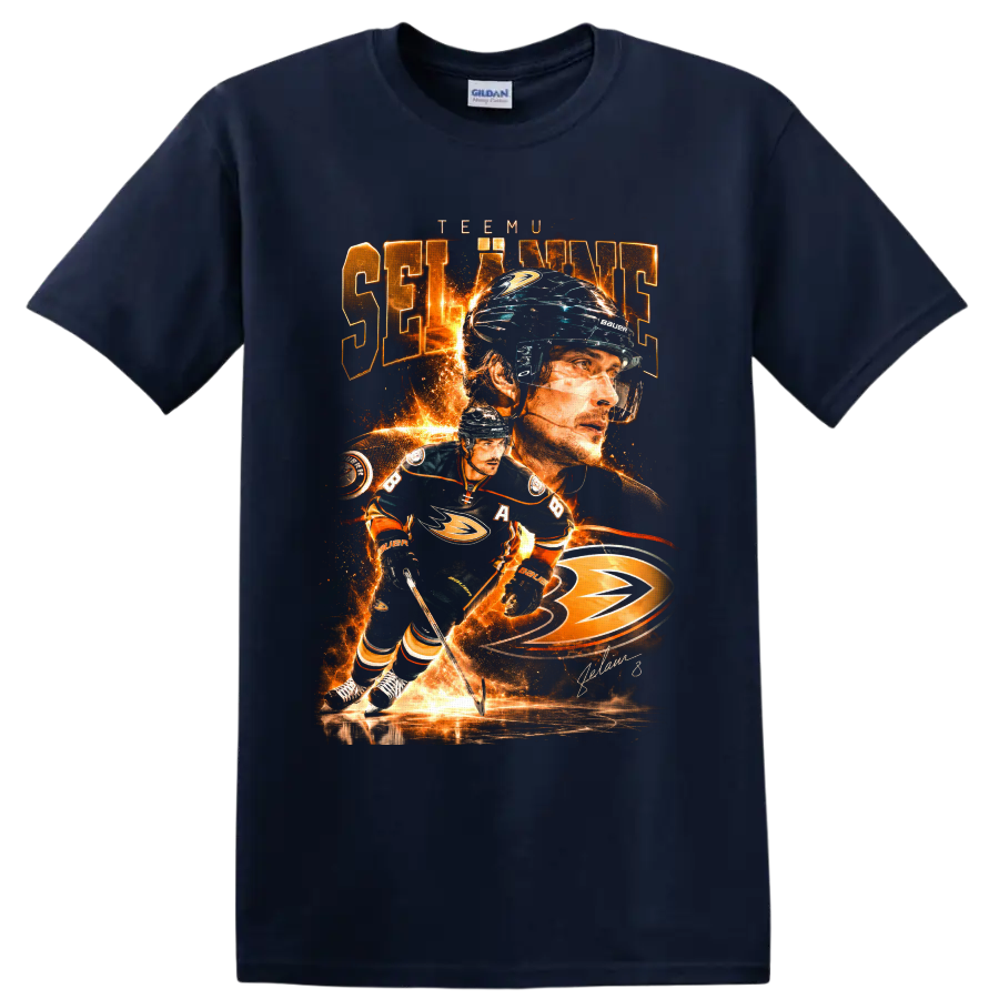 Teemu Selanne Anaheim Ducks fiery hockey action collage with signature on a Navy (Blue) T Shirt