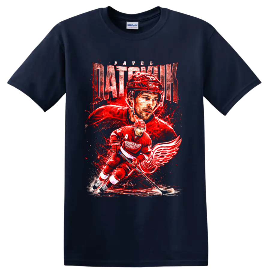 Pavel Datsyuk Detroit Red Wings hockey action graphic with distressed name lettering on a Navy (Blue) T Shirt