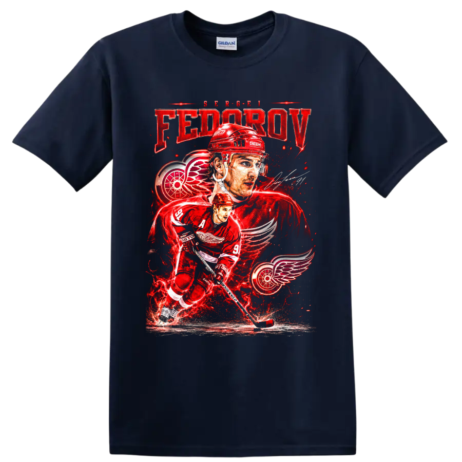 Sergei Fedorov Detroit Red Wings hockey portrait and skating action graphic on a Navy (Blue) T Shirt
