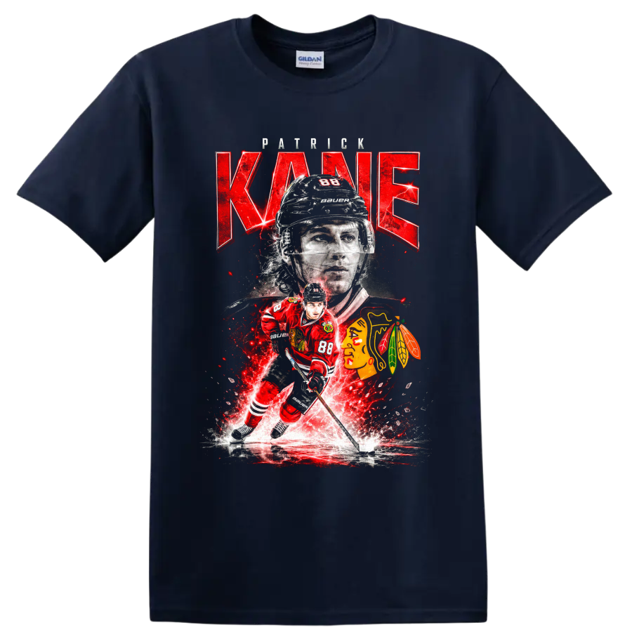Patrick Kane number 88 Chicago hockey portrait and skating action graphic on a Navy (Blue) T Shirt