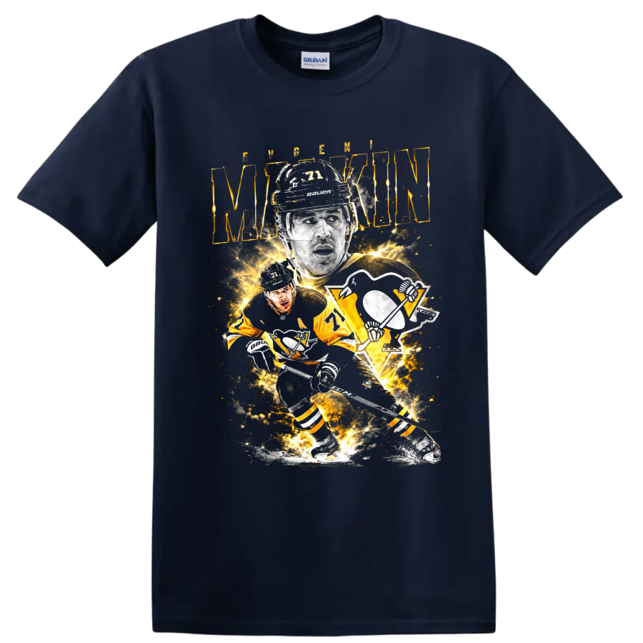 Evgeni Malkin Pittsburgh Penguins number 71 hockey player collage graphic on a Navy (Blue) T Shirt