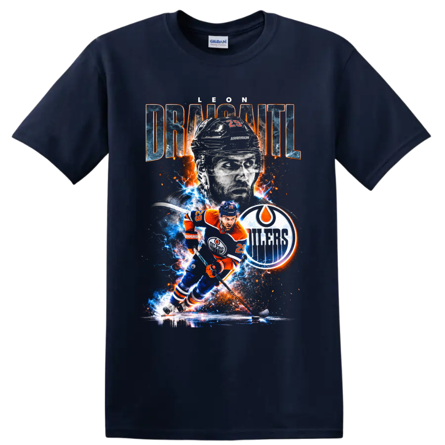 Leon Draisaitl Edmonton Oilers action portrait with electric ice and fiery spark artwork on a Navy (Blue) T Shirt