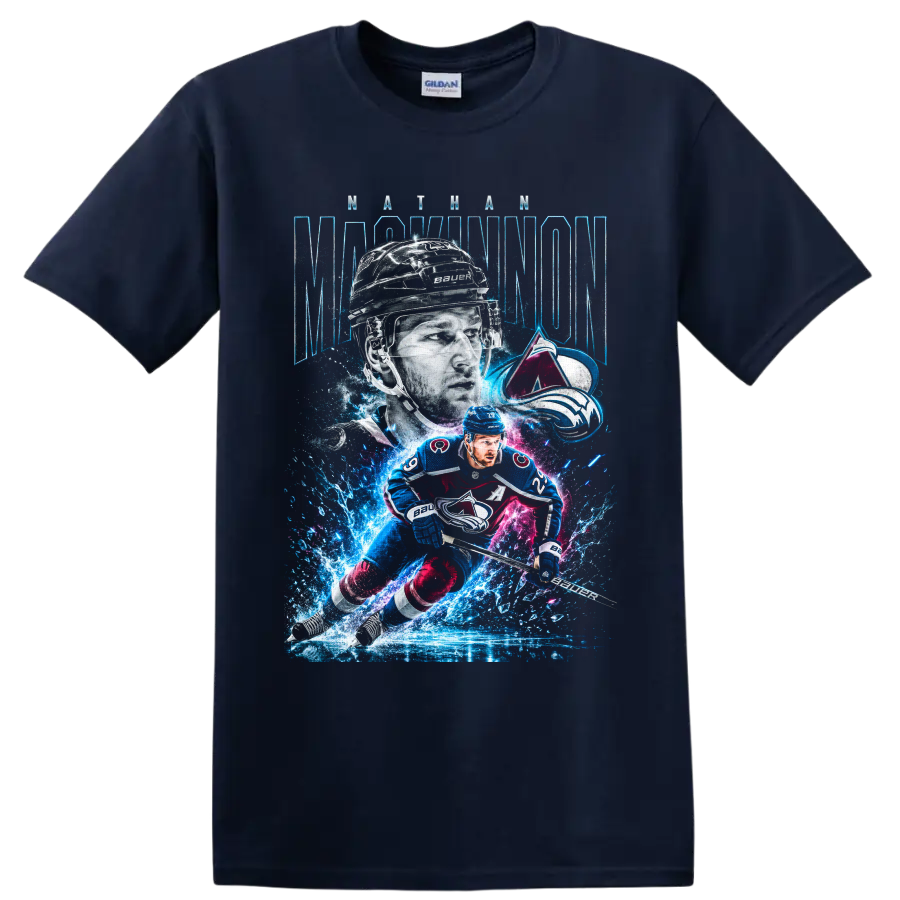 Nathan MacKinnon Colorado Avalanche hockey player graphic with icy neon action art on a Navy (Blue) T Shirt