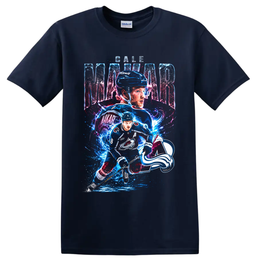 Cale Makar Colorado Avalanche number 8 hockey graphic with electric ice effects on a Navy (Blue) T Shirt