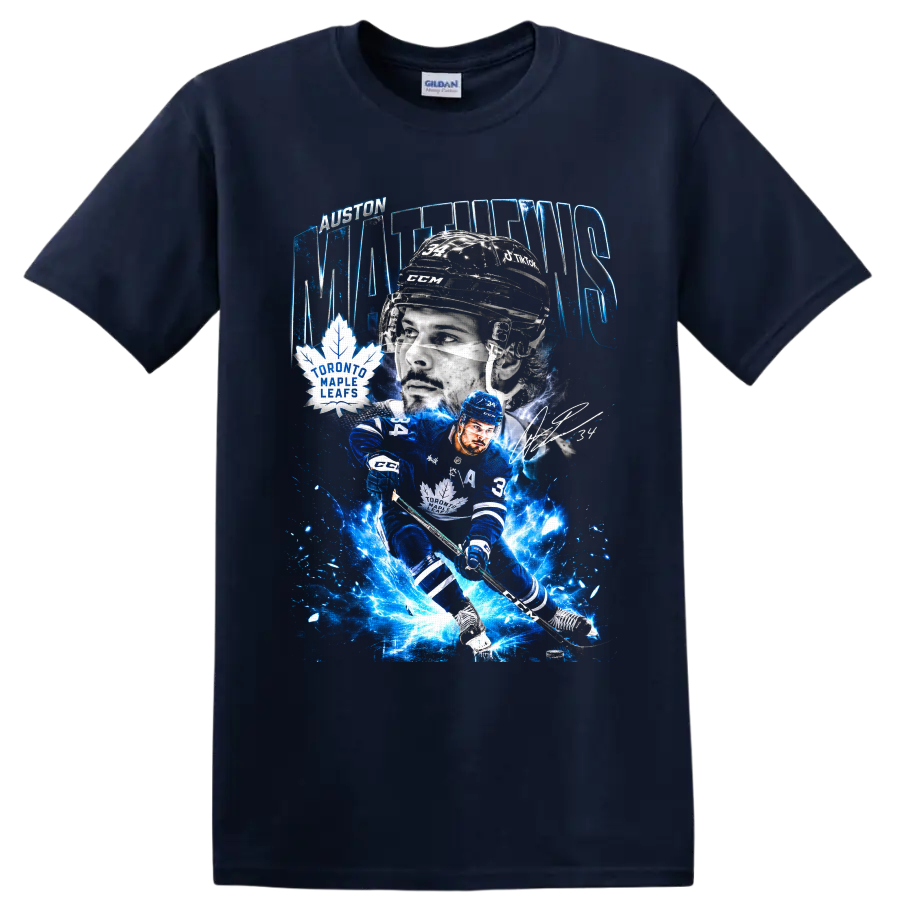 Auston Matthews Toronto Maple Leafs electric blue hockey action graphic on a Navy (Blue) T Shirt
