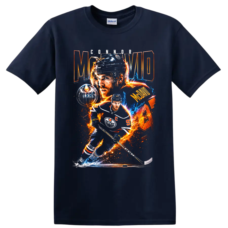 Connor McDavid Edmonton Oilers hockey collage with fiery electric graphic effects on a Navy (Blue) T Shirt