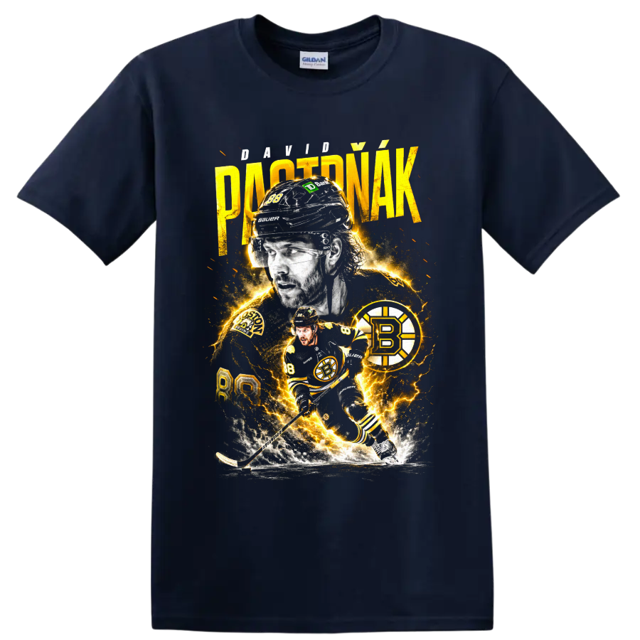 David Pastrnak No. 88 Boston Bruins hockey collage with electric gold lightning on a Navy (Blue) T Shirt