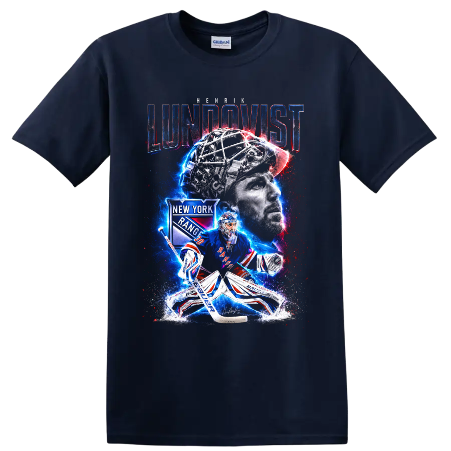 Henrik Lundqvist Rangers goalie collage with portrait, mask, and electric hockey artwork on a Navy (Blue) T Shirt