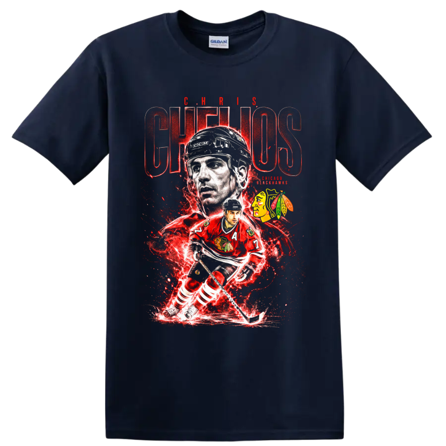 Chris Chelios Chicago Blackhawks hockey collage with red electric graphics on a Navy (Blue) T Shirt