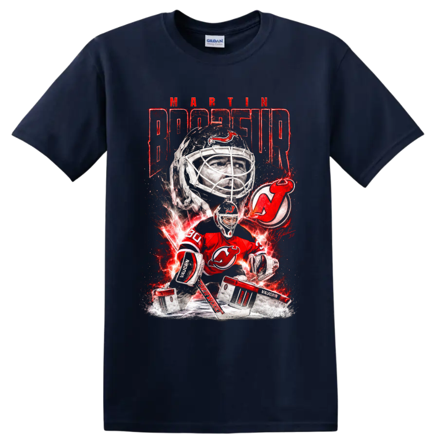 Martin Brodeur New Jersey Devils goalie graphic with red lightning and ice on a Navy (Blue) T Shirt