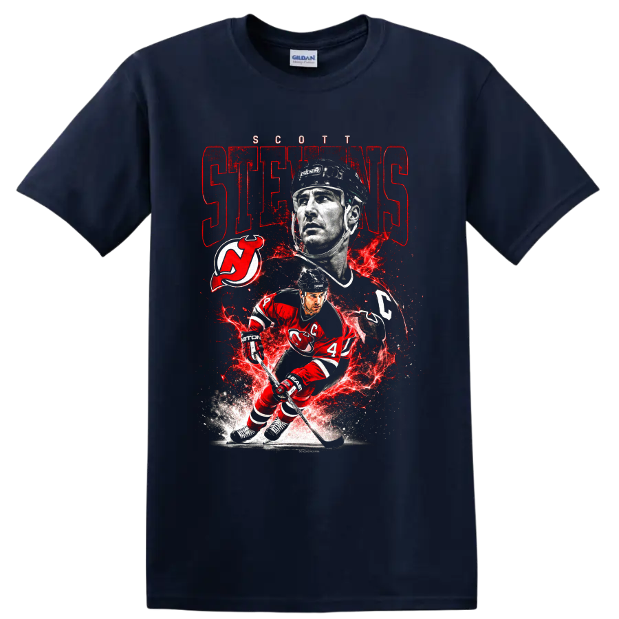 Scott Stevens New Jersey Devils hockey portrait and action graphic with team logo on a Navy (Blue) T Shirt