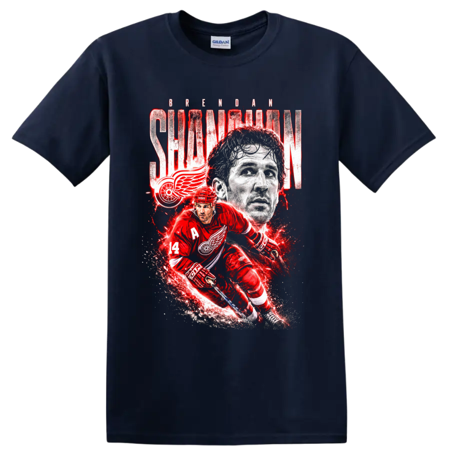 Brendan Shanahan Detroit Red Wings number 14 hockey action portrait graphic on a Navy (Blue) T Shirt