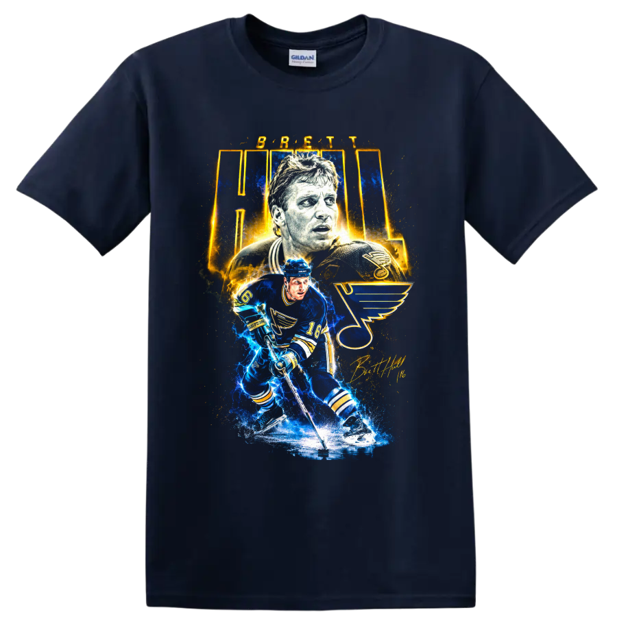 Brett Hull number 16 St. Louis Blues electric hockey tribute graphic on a Navy (Blue) T Shirt