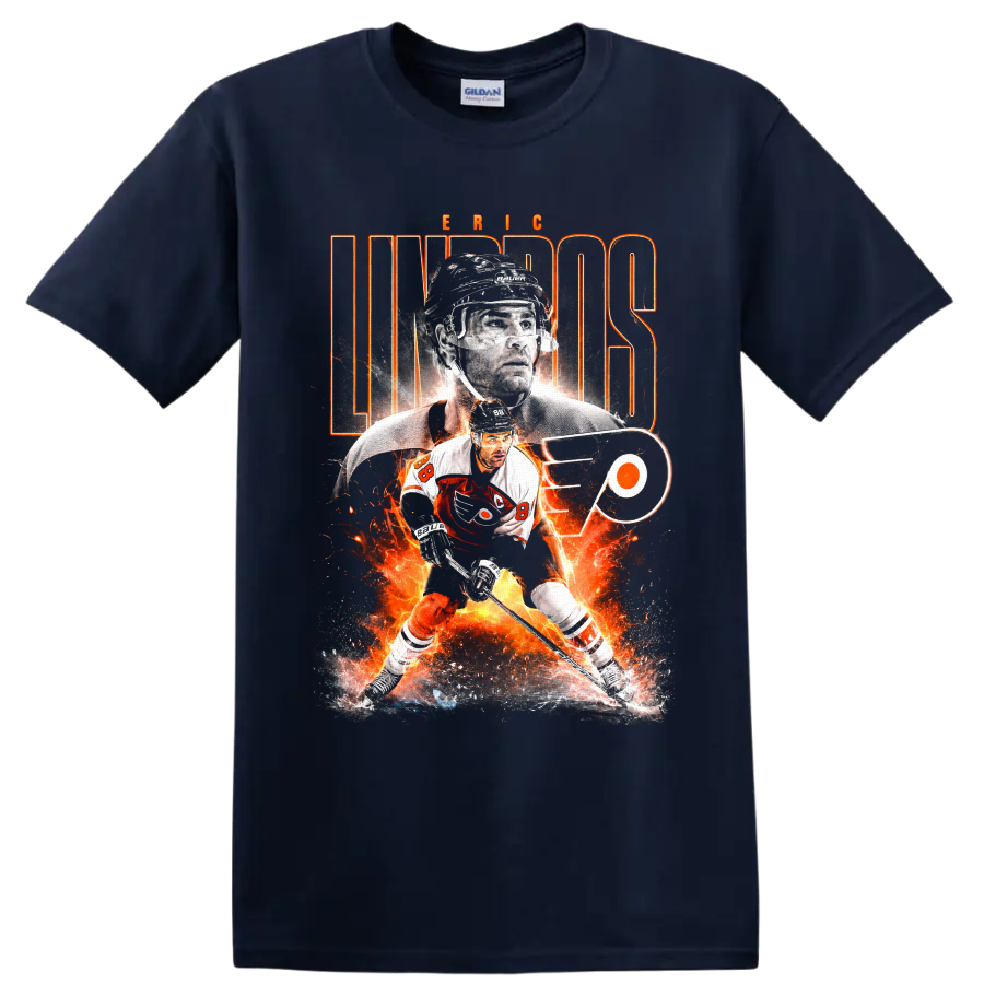 Eric Lindros Philadelphia Flyers hockey collage with fiery graphics and team logo on a Navy (Blue) T Shirt