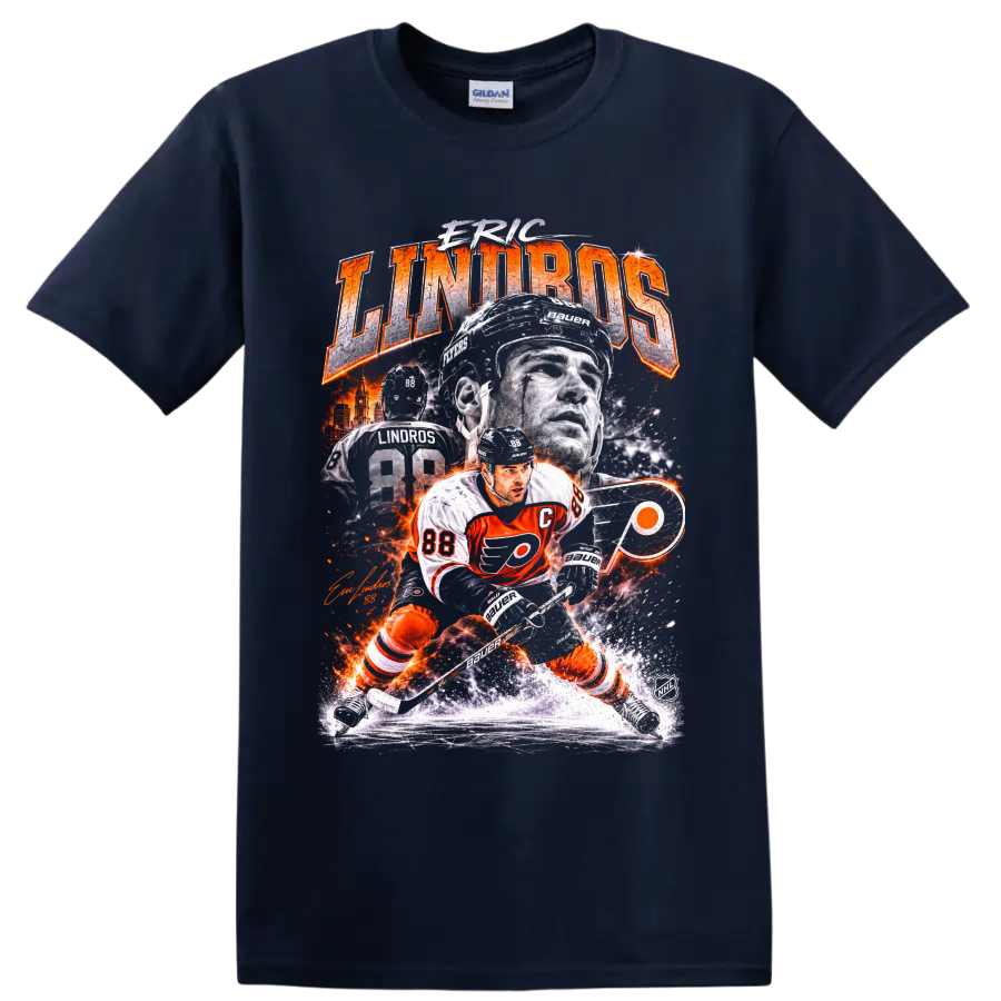 Eric Lindros Philadelphia Flyers vintage hockey collage with number 88 and bold lettering on a Navy (Blue) T Shirt