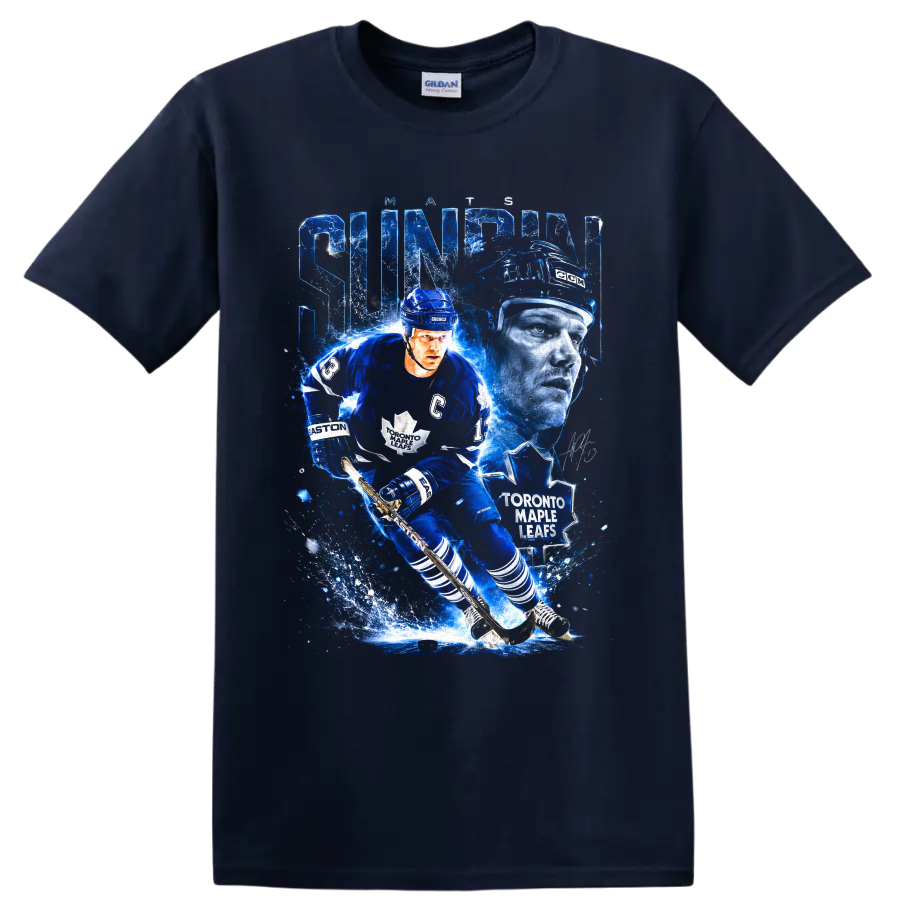 Mats Sundin Toronto Maple Leafs hockey action collage with icy blue effects on a Navy (Blue) T Shirt