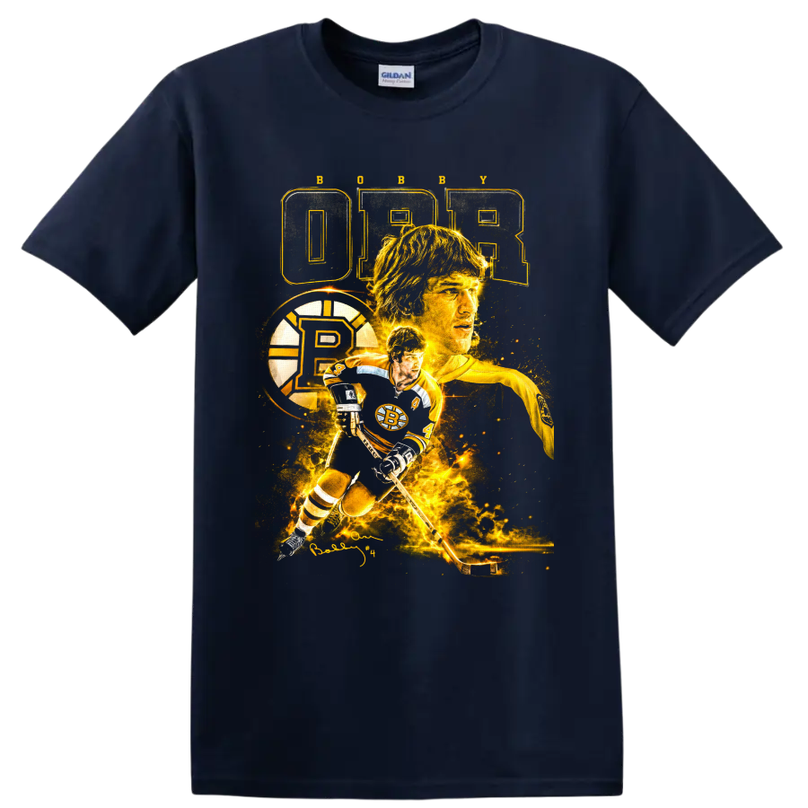 Bobby Orr Boston Bruins hockey collage with number 4, puck, action pose, and signature on a Navy (Blue) T Shirt