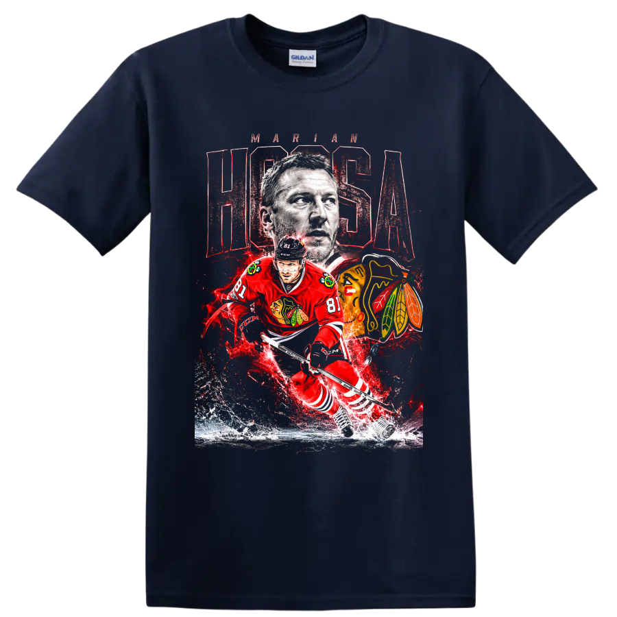 Marian Hossa Chicago Blackhawks number 81 portrait and action hockey graphic on a Navy (Blue) T Shirt