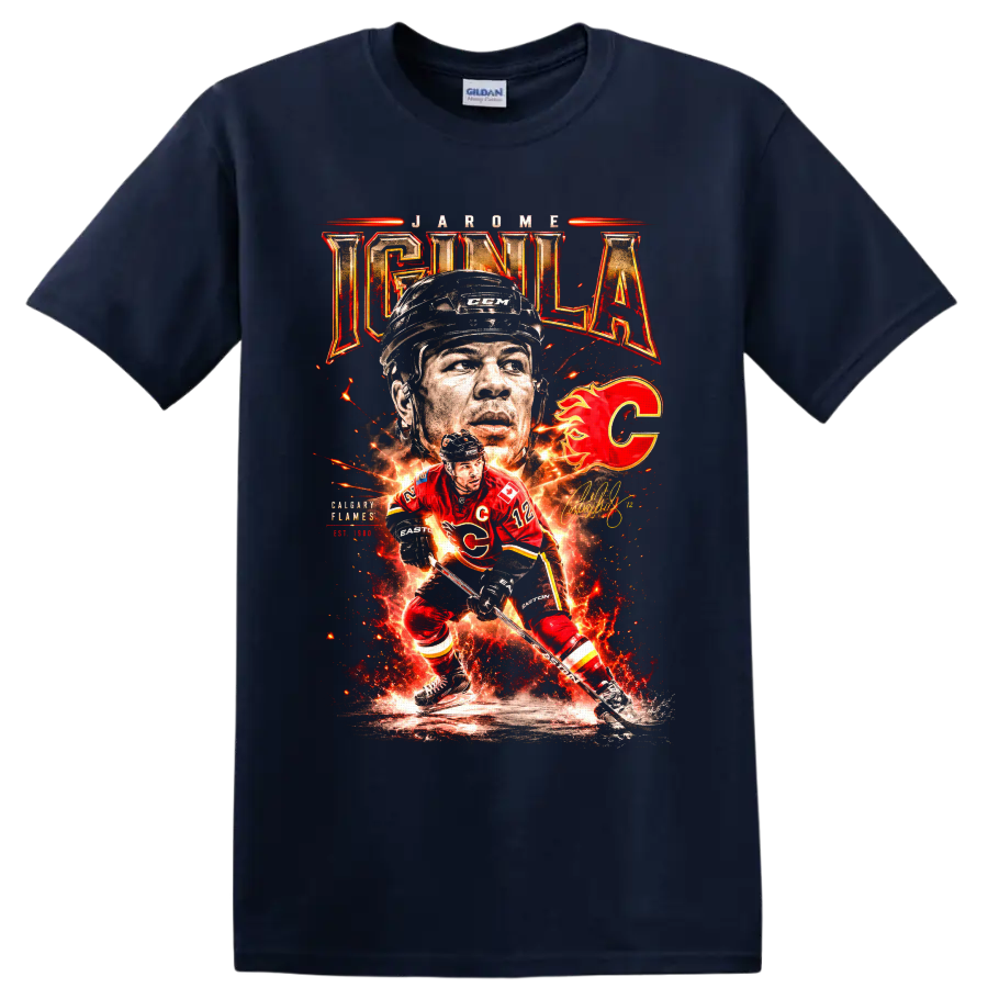Jarome Iginla Calgary Flames fiery hockey action collage with number 12 and flaming C on a Navy (Blue) T Shirt