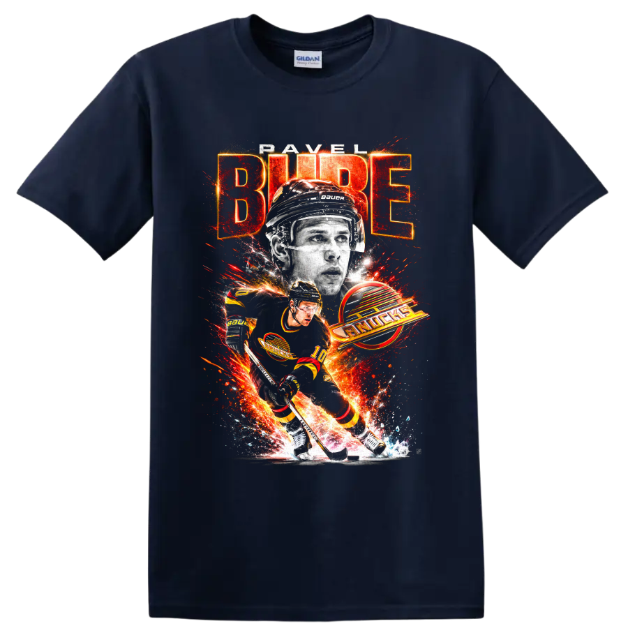 Pavel Bure Vancouver Canucks hockey action graphic with BURE and Canucks text on a Navy (Blue) T Shirt