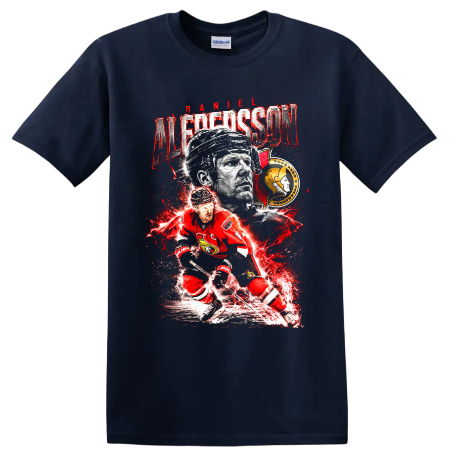 Daniel Alfredsson Ottawa Senators hockey portrait and action graphic with distressed on a Navy (Blue) T Shirt
