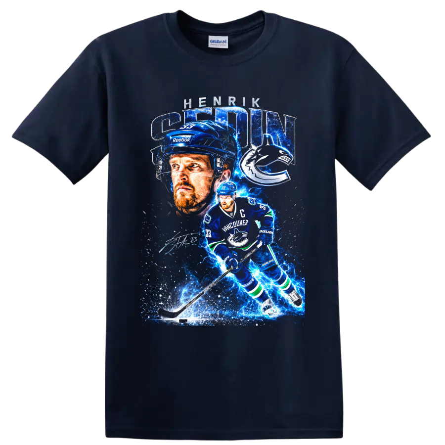 Henrik Sedin Vancouver Canucks captain electric blue hockey collage on a Navy (Blue) T Shirt