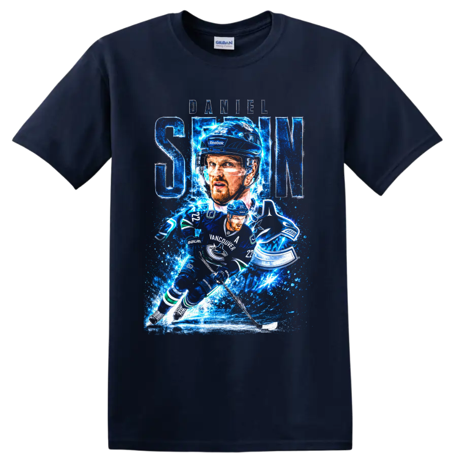 Daniel Sedin Vancouver Canucks hockey action graphic with blue ice effects and number 22 on a Navy (Blue) T Shirt