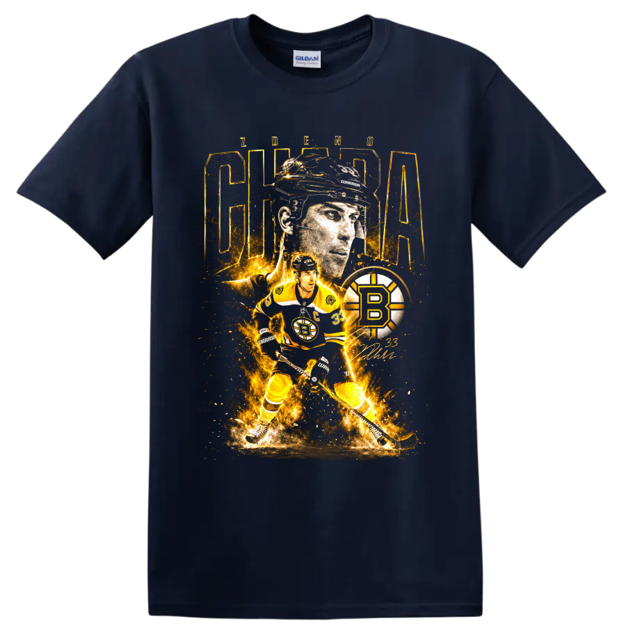 Zdeno Chara Boston Bruins fiery collage graphic with captain portrait and number 33 on a Navy (Blue) T Shirt