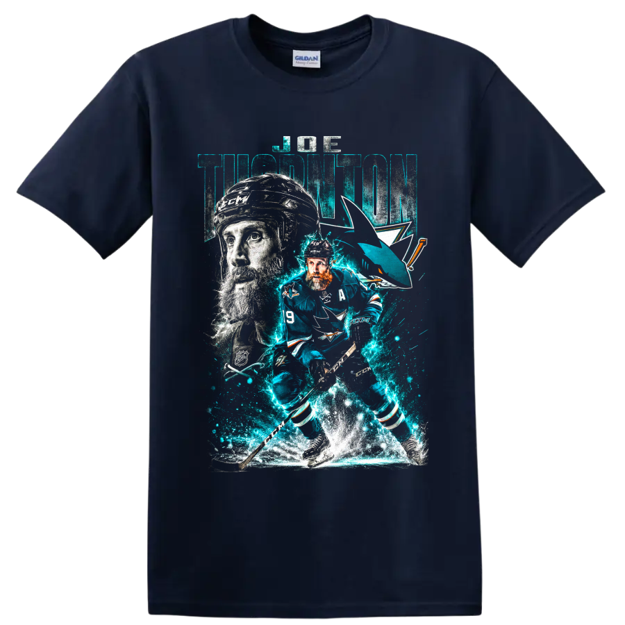 Joe Thornton San Jose Sharks hockey action collage with electric teal ice effects on a Navy (Blue) T Shirt