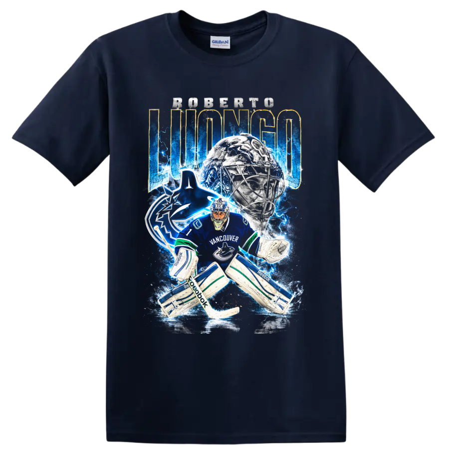 Roberto Luongo Vancouver Canucks goalie graphic with electric blue hockey artwork on a Navy (Blue) T Shirt