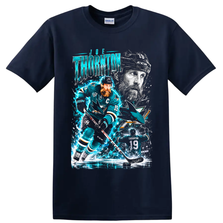 Joe Thornton San Jose Sharks hockey collage with number 19 action art and teal effects on a Navy (Blue) T Shirt